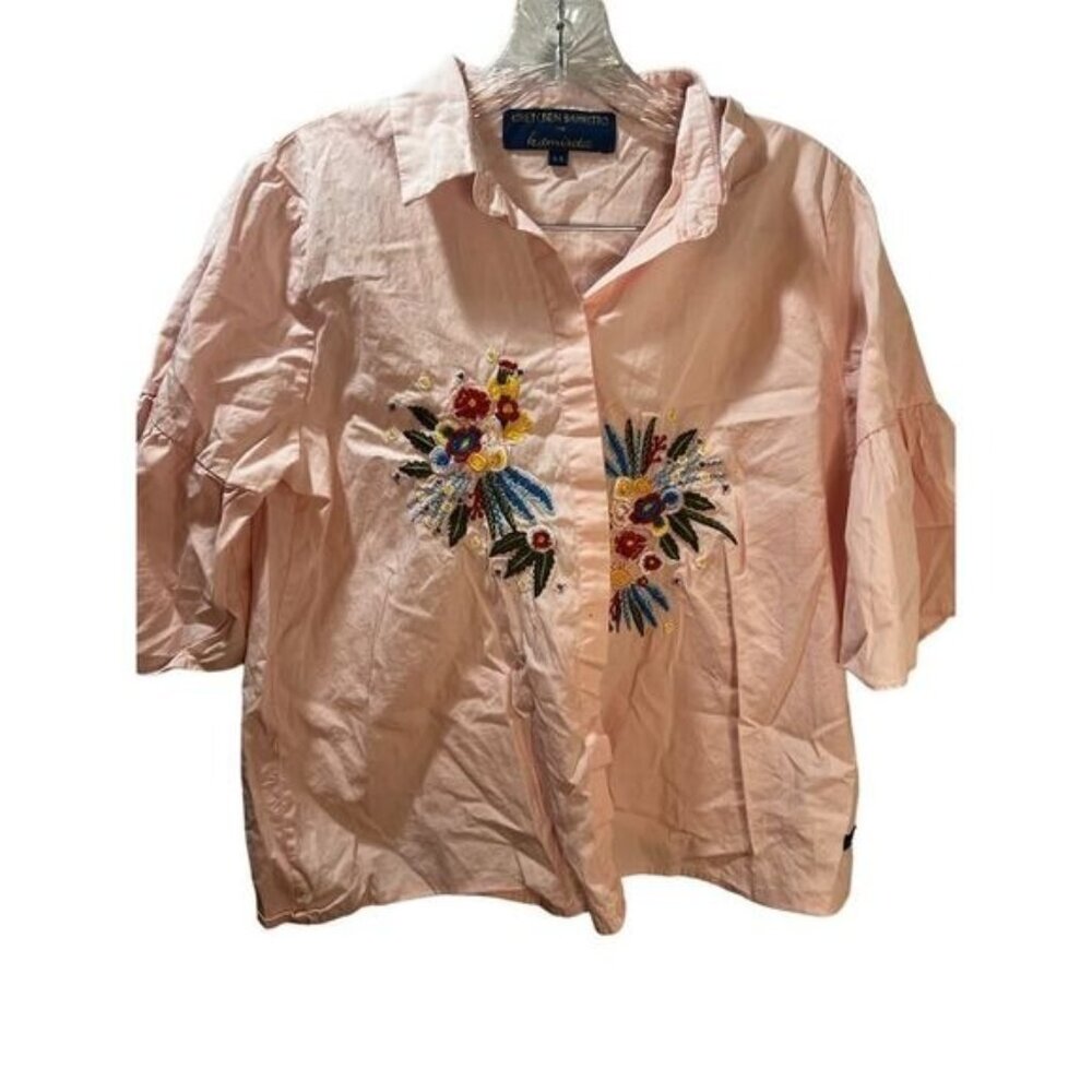 Gretchen Barretto For Kamiseta Pink Embroidered Floral Blouse L1 With Ruffle Sle